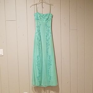 Sheer Aqua Spaghetti Strap Formal Dress